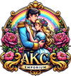 AKC Emporium Logo Depicting Prince and Princess Embracing Surrounded by Flowers and a Rainbow