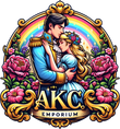 AKC Emporium Logo Depicting Prince and Princess Embracing Surrounded by Flowers and a Rainbow