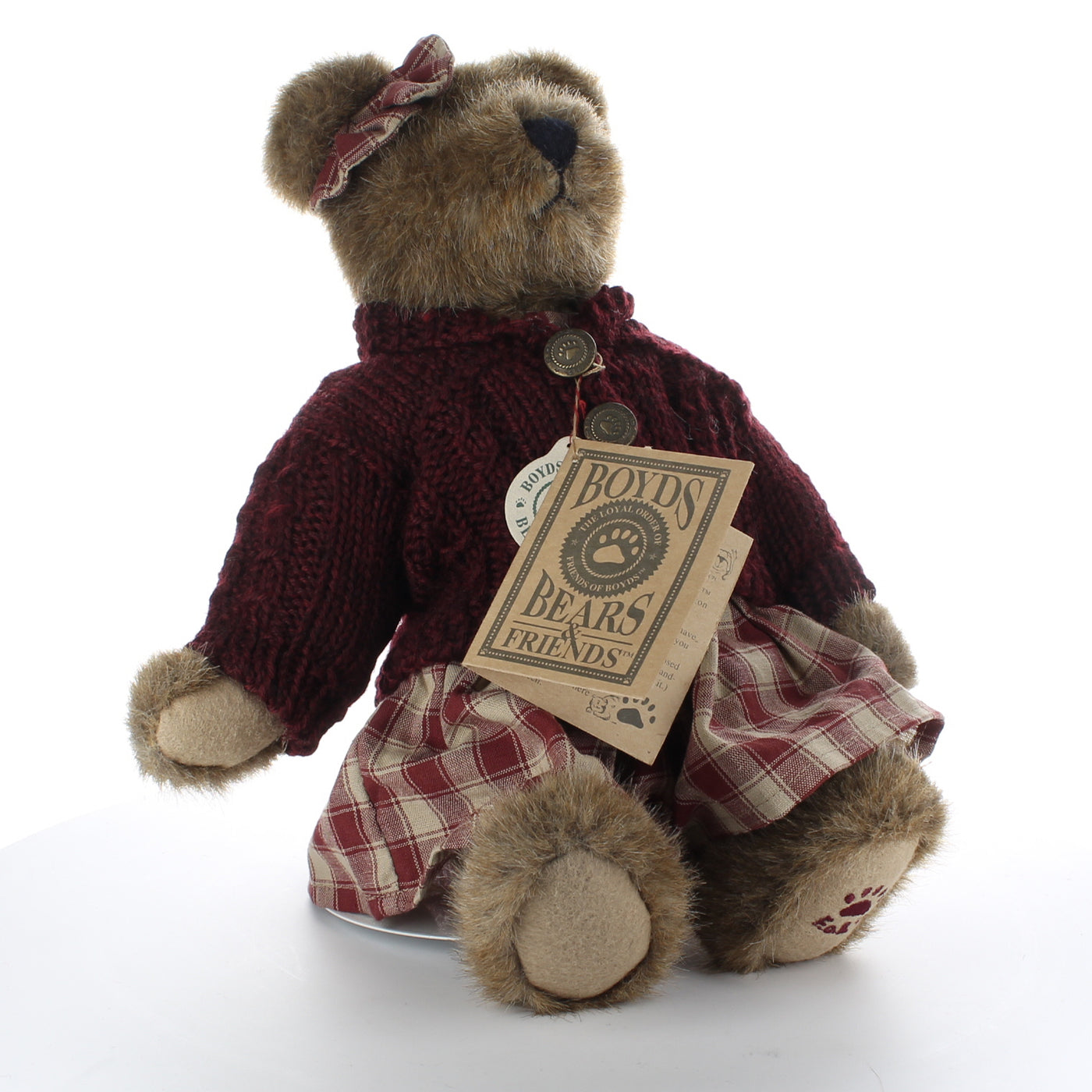 Boyds-Bears-&-Friends-Plush-Bear-bear-with-maroon-sweater-gingham-dress-and-bow