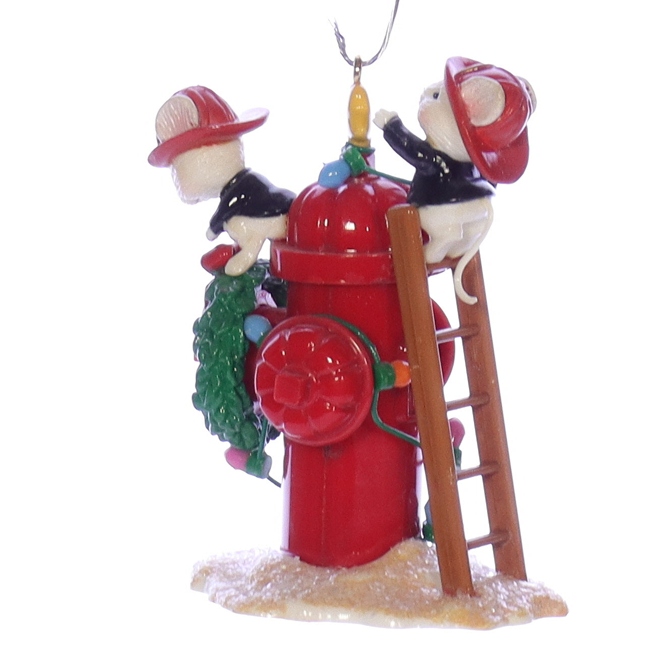 Enesco_Treasury_of_Christmas_Ornaments_573825_Warmest_Wishes_Northpole_Fire_Department_Mouse_Ornament_1990 Front Left View